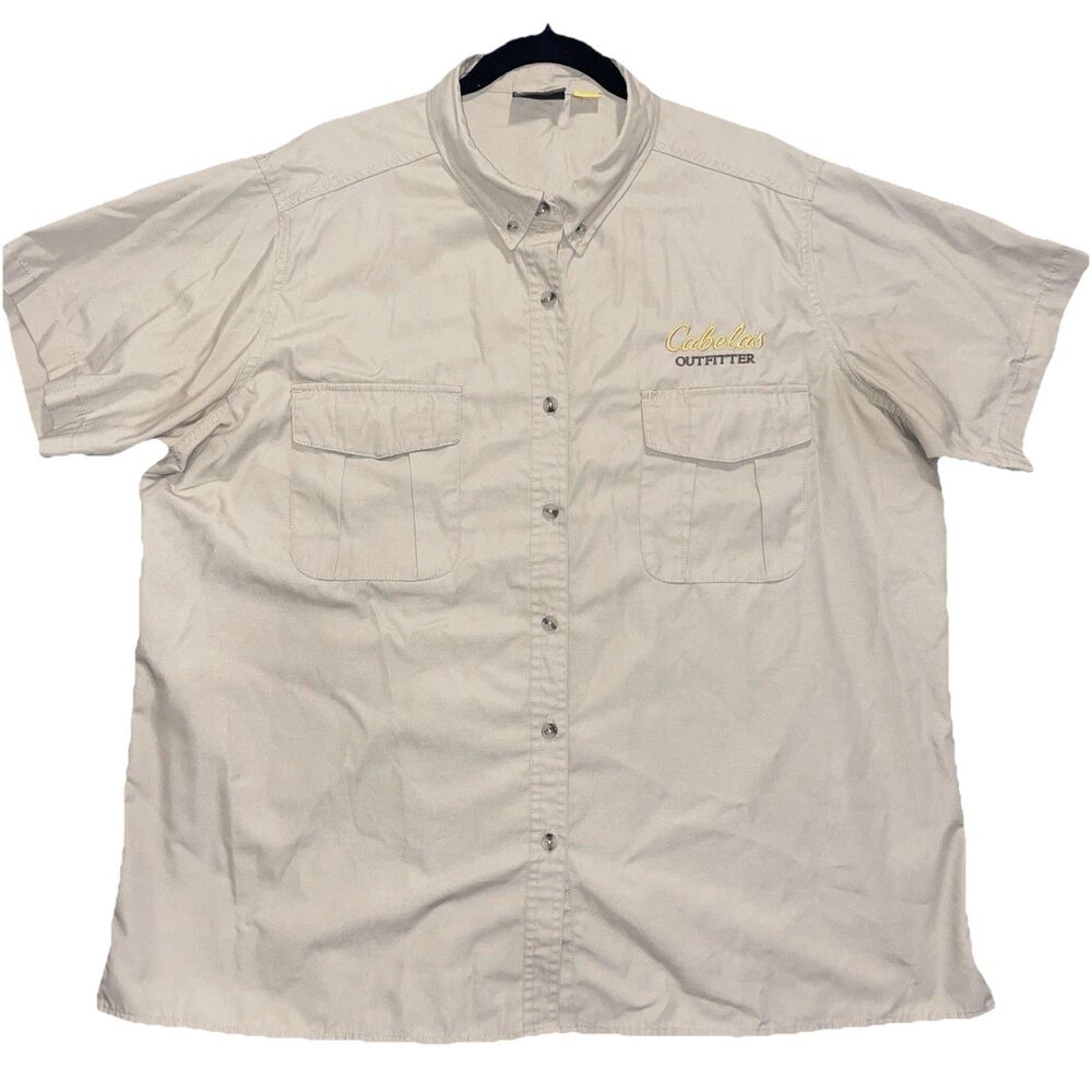 Cabelas Outfitter Mens Khaki Button Down Shirt Size 2XL Reg Tan Embroidered Logo